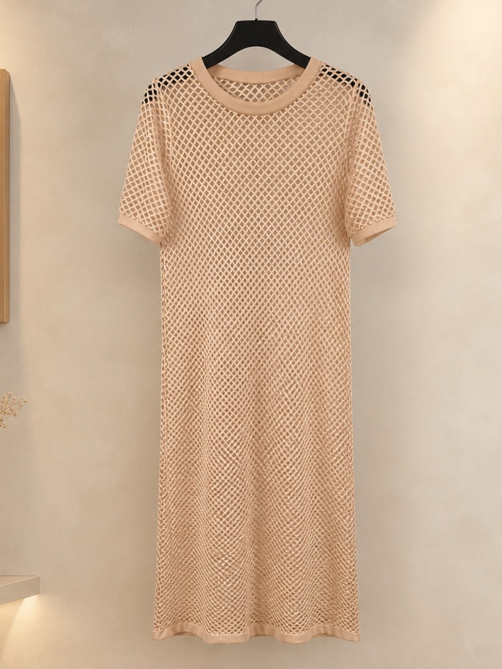 Source Unknown Peach Open-Knit Short Sleeve Midi Dress